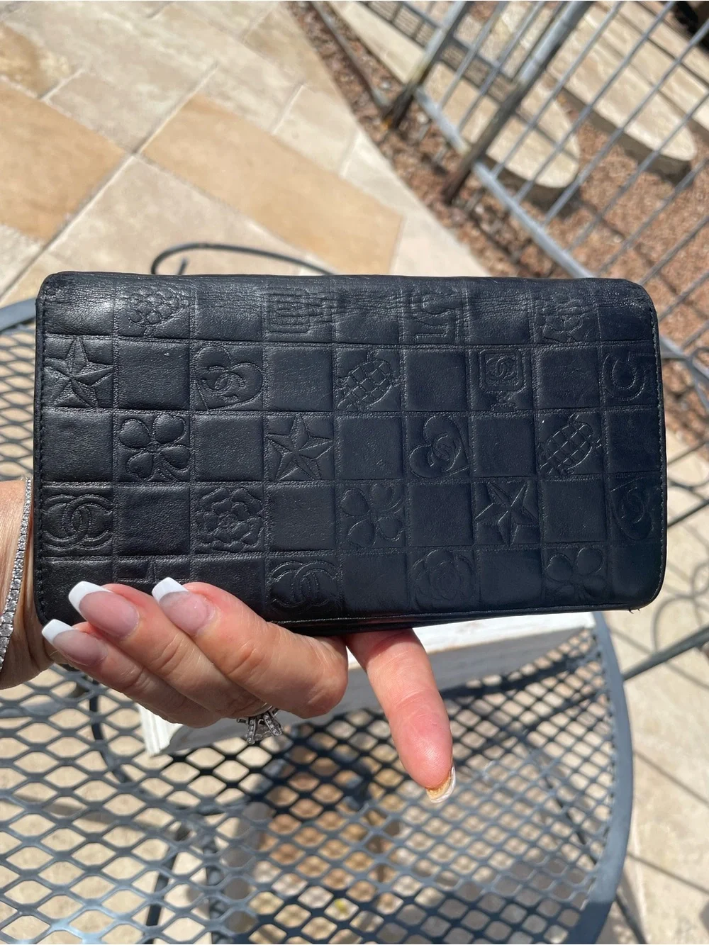 CHANEL Black Quilted Embossed Leather Wallet Clutch with Gold CC